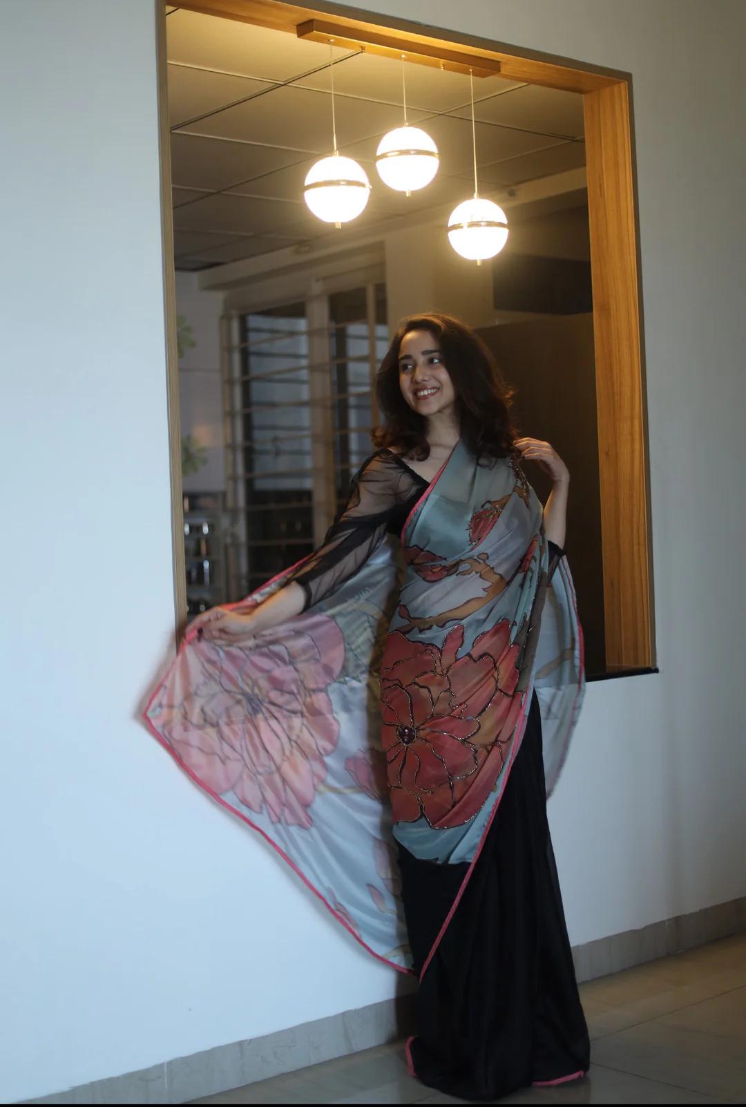 Black Satin Hand Embroidery Bead Kalamkari printed Saree